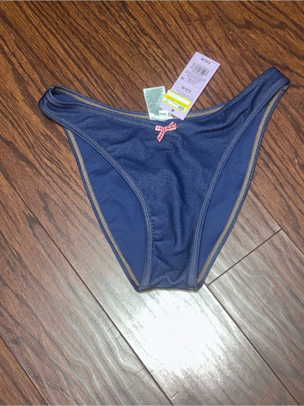 wild fable Blue Jean Looking Bikini Bottom with Red Gingham Bow